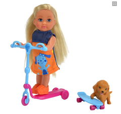 Кукла Эви со скутером и скейтом с собачкой, 12 см Evi Scooter Fun