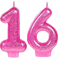 №182 Свечи - цифры  "16" розовые, с блёстками. 7,5 см.